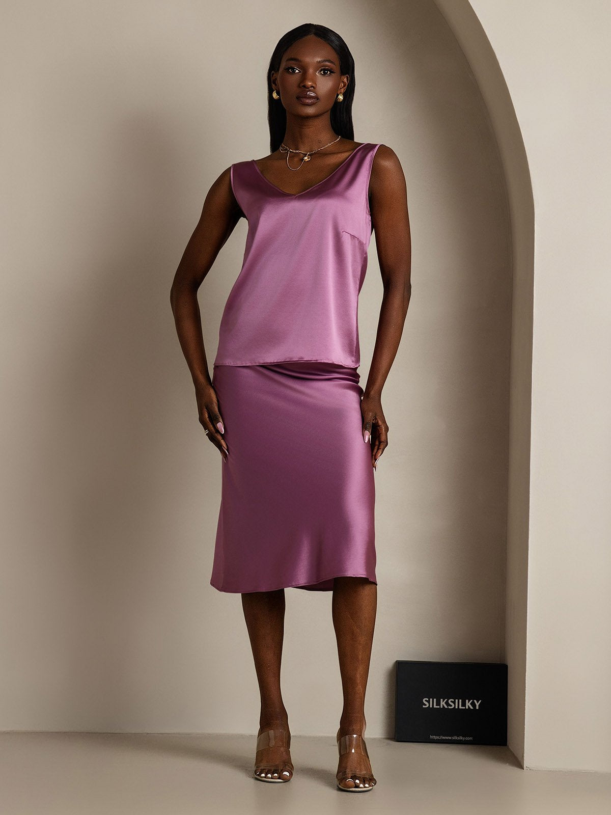 [Mørklilla] SilkSilky-NO 19Momme Silke V-Hals Camisole Topp 005