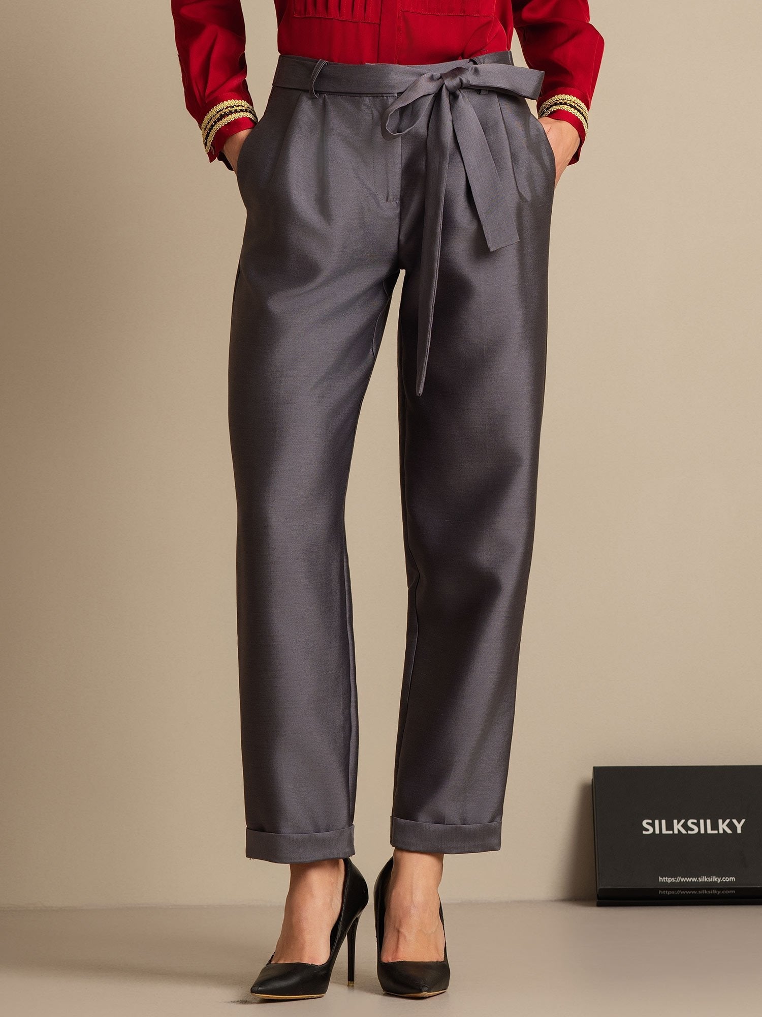 [Grå] SilkSilky-NO 32Momme Silk-Wool Blend Womens Pants 001,