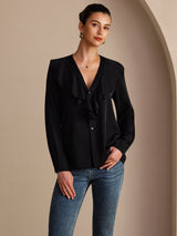 [Svart] SilkSilky-NO Long Sleeve Deep V Neck Damebluser 001