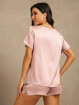 [Ferskenhud] SilkSilky-NO 19Momme Kort erm Rund Hals Pyjamas for Kvinner 002