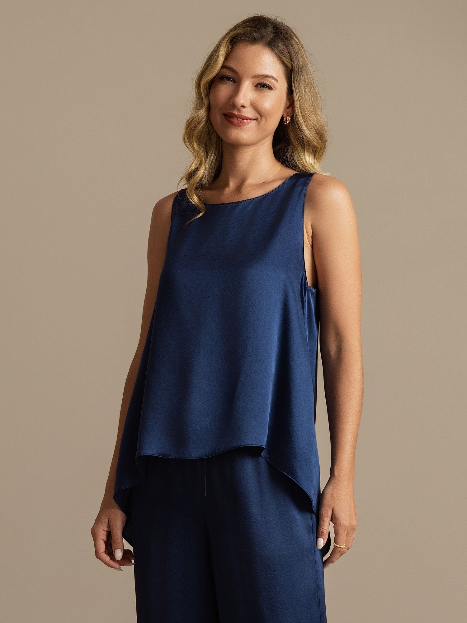 [Mørke blå] SilkSilky-NO Sleeveless Scoop Neck Pyjamas for Kvinner 003