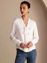 [Hvit] SilkSilky-NO Long Sleeve Tie Neck Damebluser 004
