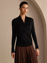 [Svart] SilkSilky-NO Long Sleeve Wrap Damebluser 004