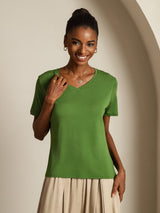 [Grønn] SilkSilky-NO Short Sleeve V Neck T-skjorte for Kvinner 005