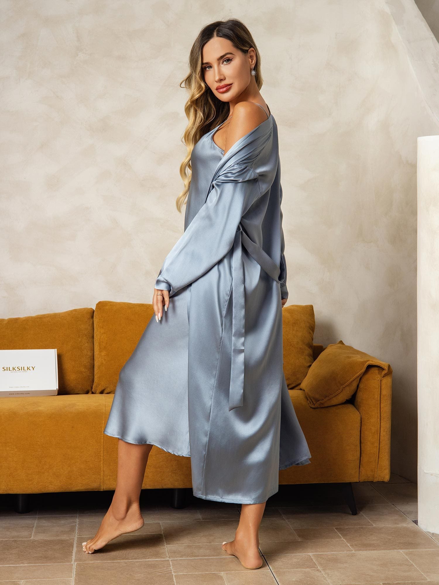 [Gråblå] SilkSilky-NO Silke Nightgown&Robe Set 002