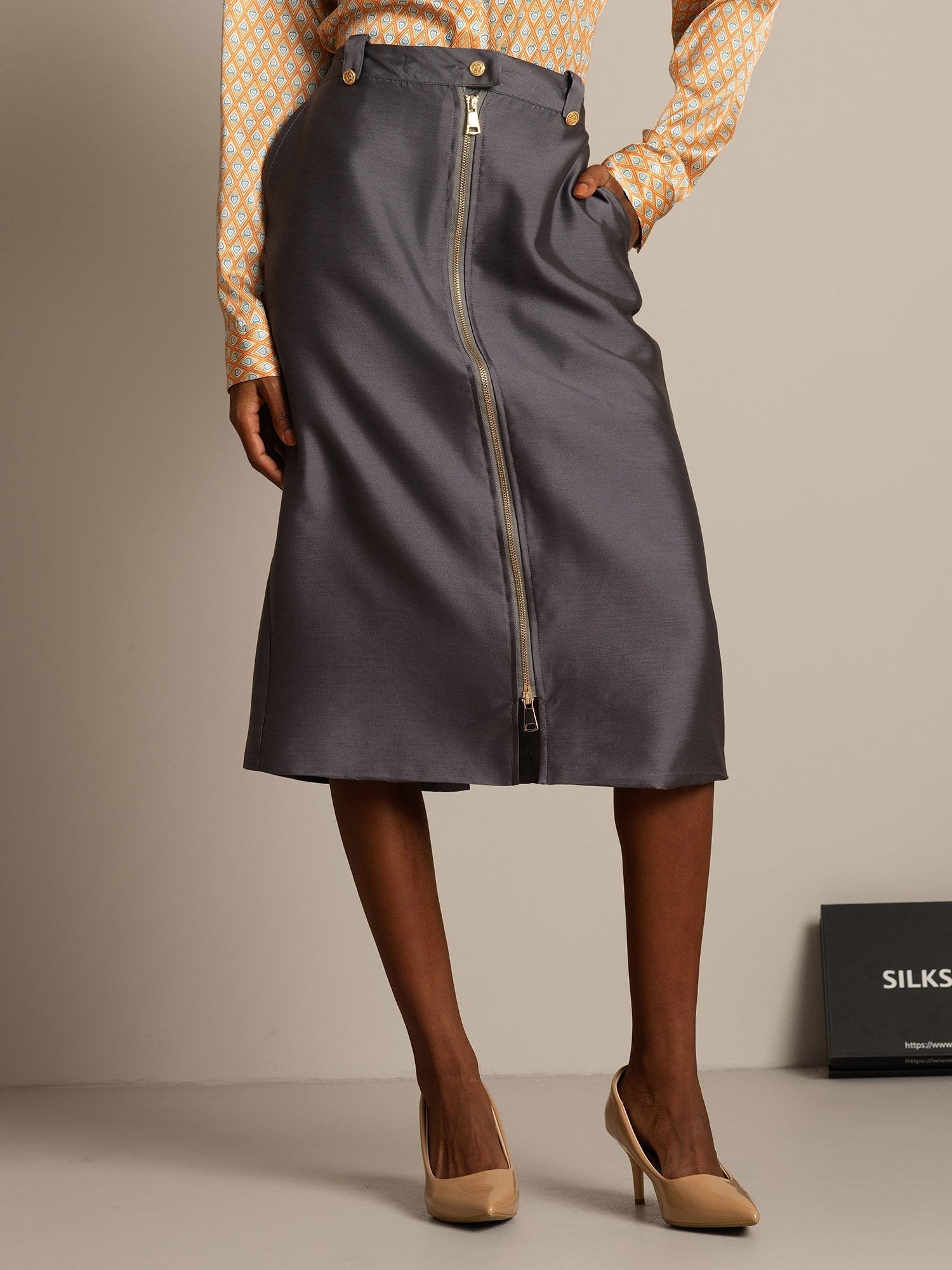 [Grå] SilkSilky-NO 32Momme Silk-Wool Blend Skirt 003,