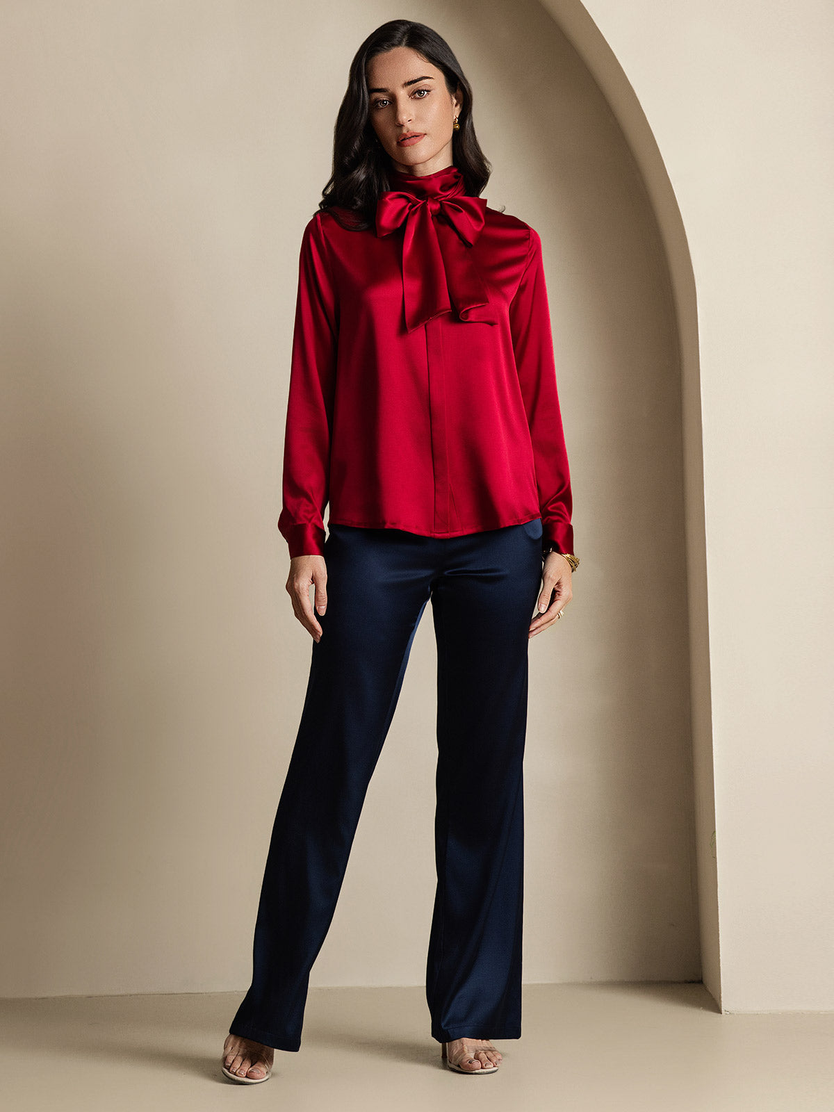 [Vin] SilkSilky-NO 19Momme Silke Long Sleeve Tie Neck Skjorte for Kvinner 009