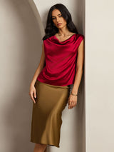 [Vin] SilkSilky-NO Cap Sleeve Cowl Neck T-skjorte for Kvinner 001