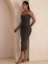 [Grå] SilkSilky-NO Spaghetti Strap Boat Neck Kjole 005
