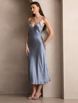 [Gråblå] SilkSilky-NO Spaghetti Strap V Neck Kjole 006