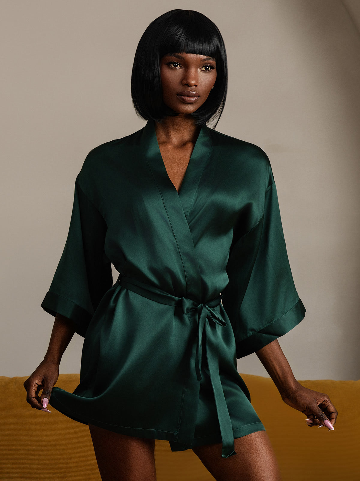 [Mørk Grønn] SilkSilky-NO Pure Silk Half Sleeve Womens Robe 004