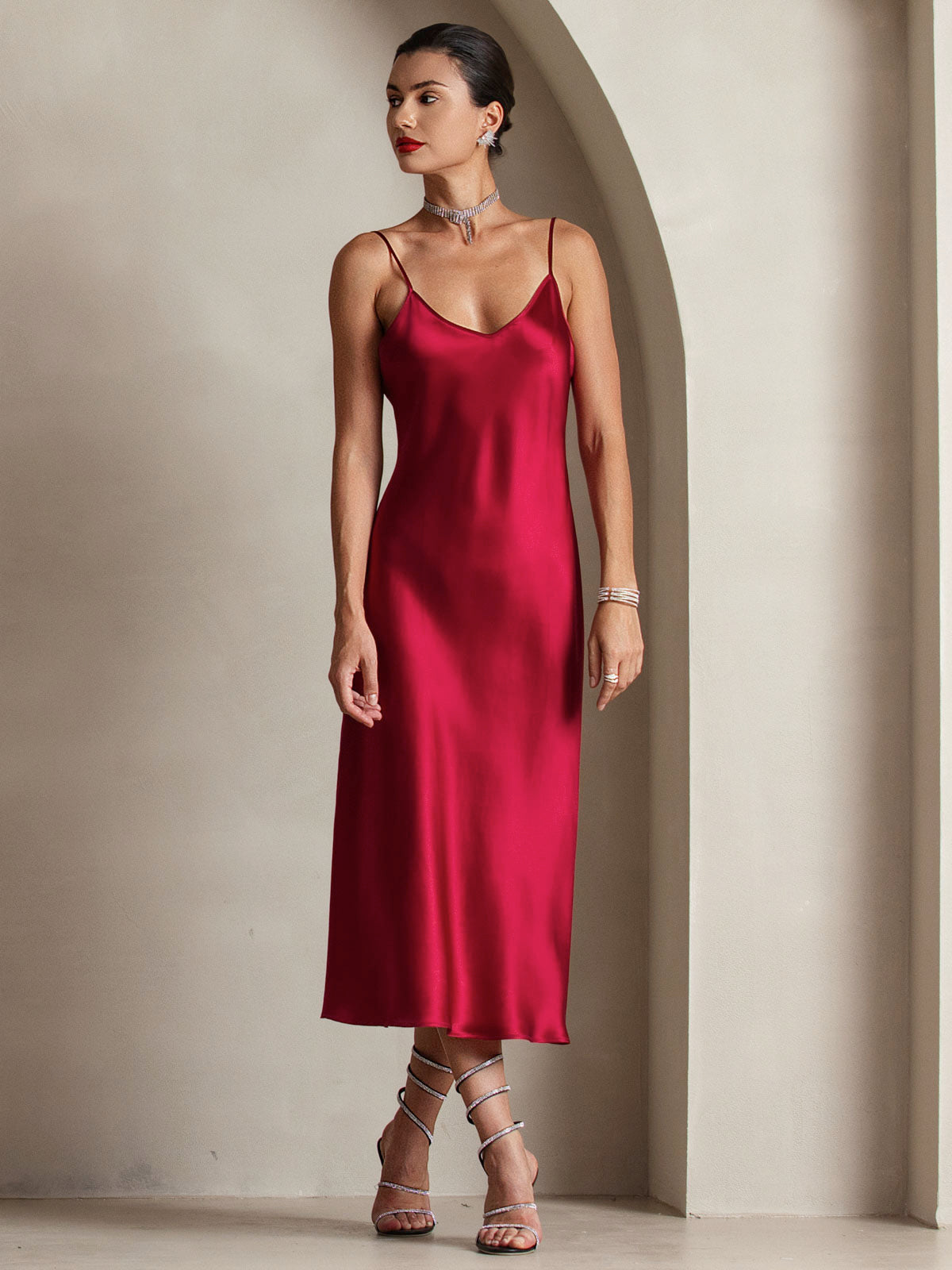 SilkSilky  Pure Silk Sleeveless Round Neck Dress Wine 001