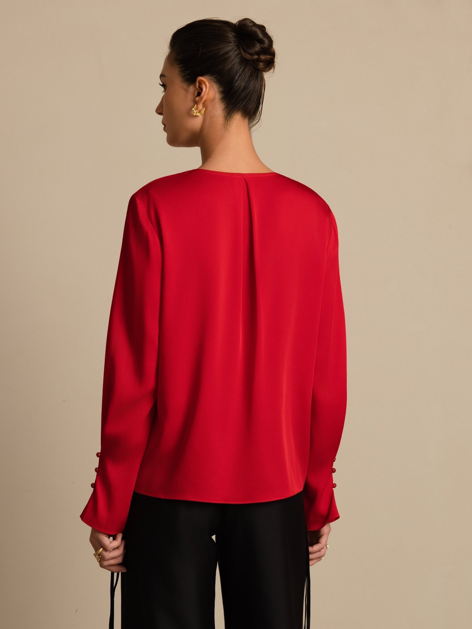 [Vin] SilkSilky-NO 19Momme Silke Langermet V Hals Bluse 002