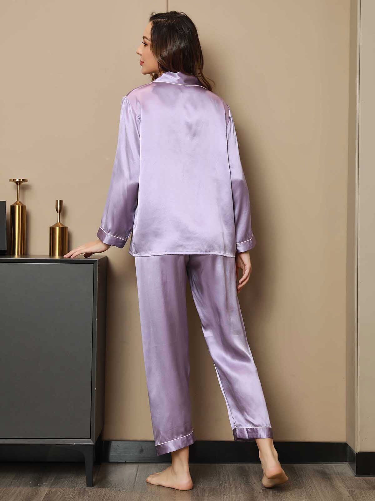 SilkSilky  Pure Silk Long Sleeve Lapel Women's Pajamas Lavender 002