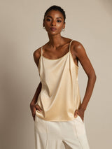 [Champagne] SilkSilky-NO 19Momme Spaghetti Stropp Dyp Rund Halsutringning Camisole Topp 005