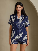 [Marineblå Gepard] SilkSilky-NO Short Sleeve Notch Collar Pyjamas for Kvinner 004