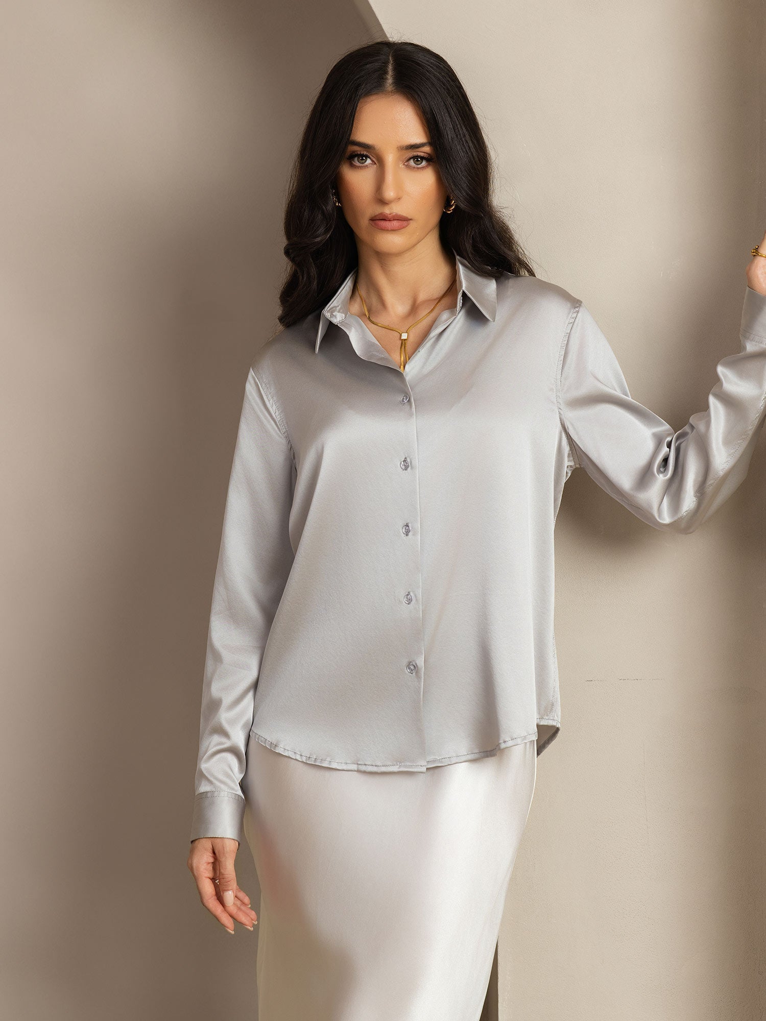[Lysegrå] SilkSilky-NO Silke Lapel Collar Skjorte for Kvinner 008