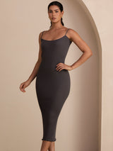 [Grå] SilkSilky-NO Spaghetti Strap Boat Neck Kjole 003