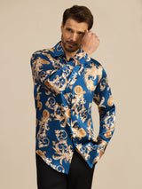 [Navy Drage] SilkSilky-NO Long Sleeve Lapel Collar Skjorte for Menn 006