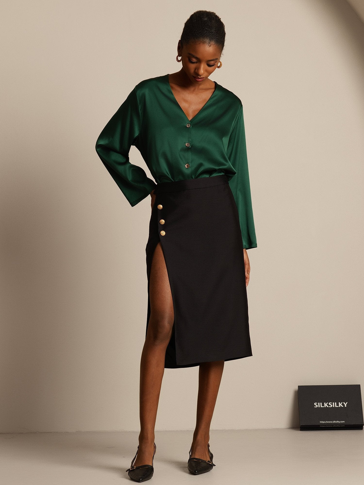 [Svart] SilkSilky-NO 32Momme Silk-Wool Blend Skirt 008,