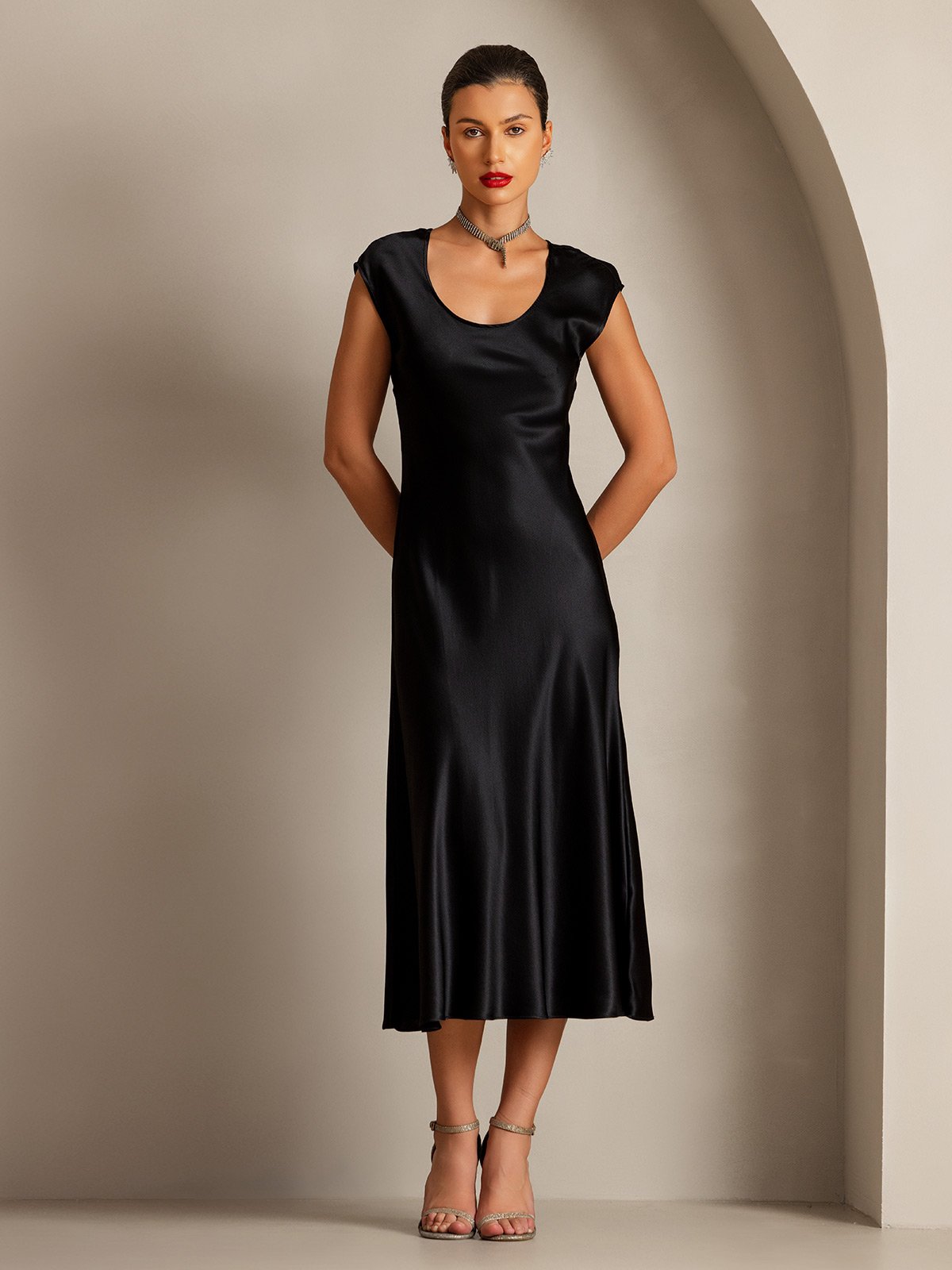 [Svart] SilkSilky-NO 19Momme Silke Dress 001
