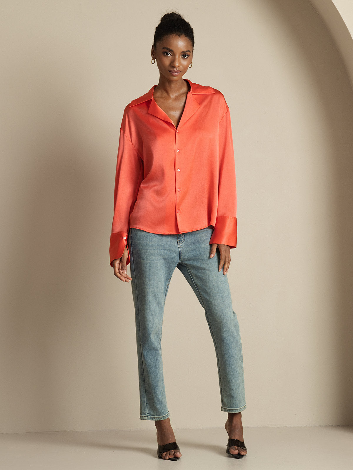 [Keiserlig Rød] SilkSilky-NO 19Momme Silke Notch Collar Skjorte for Kvinner 008