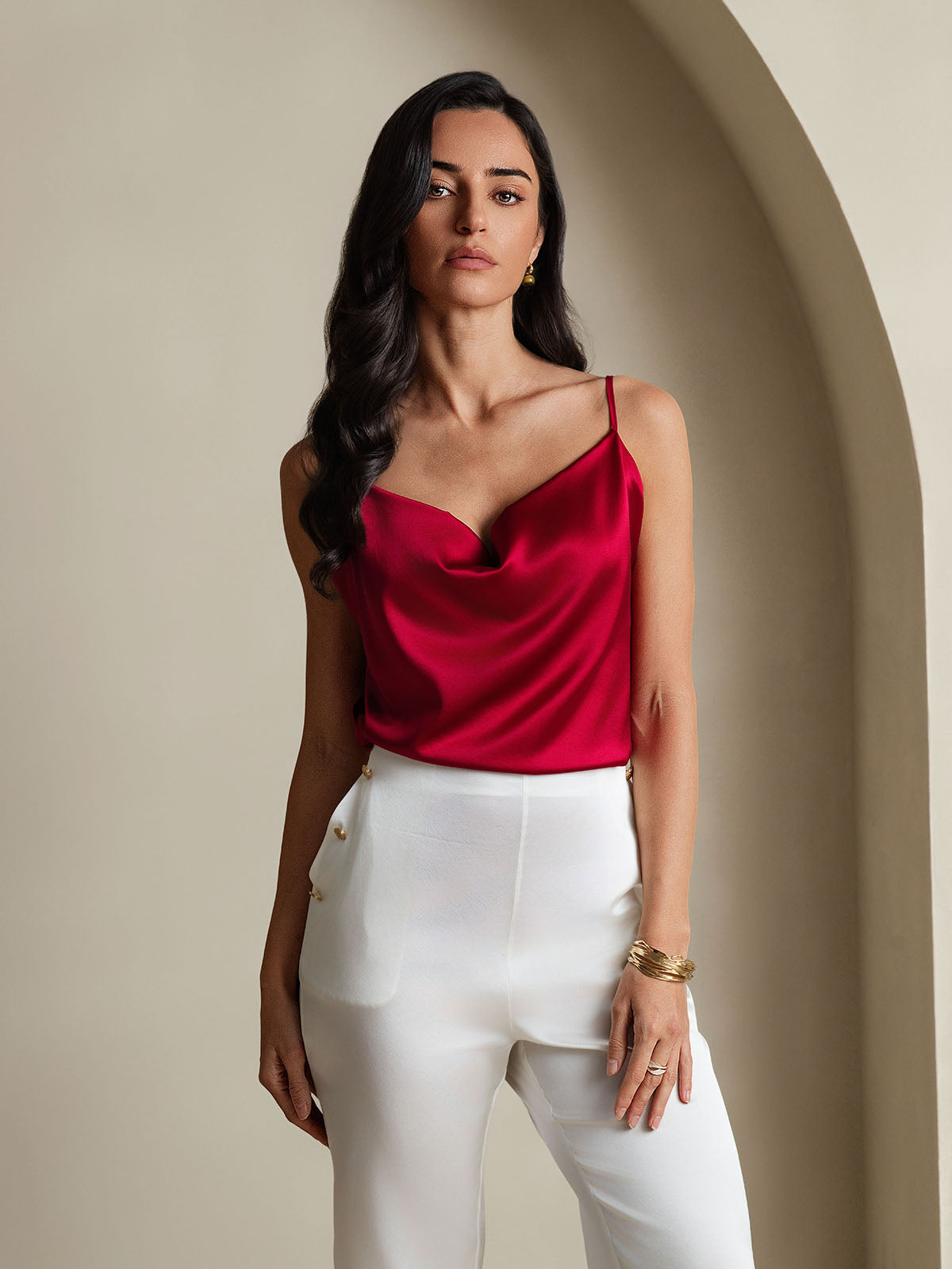 [Vin] SilkSilky-NO 19Momme Silke Cowl Neck Camisole Topp 005