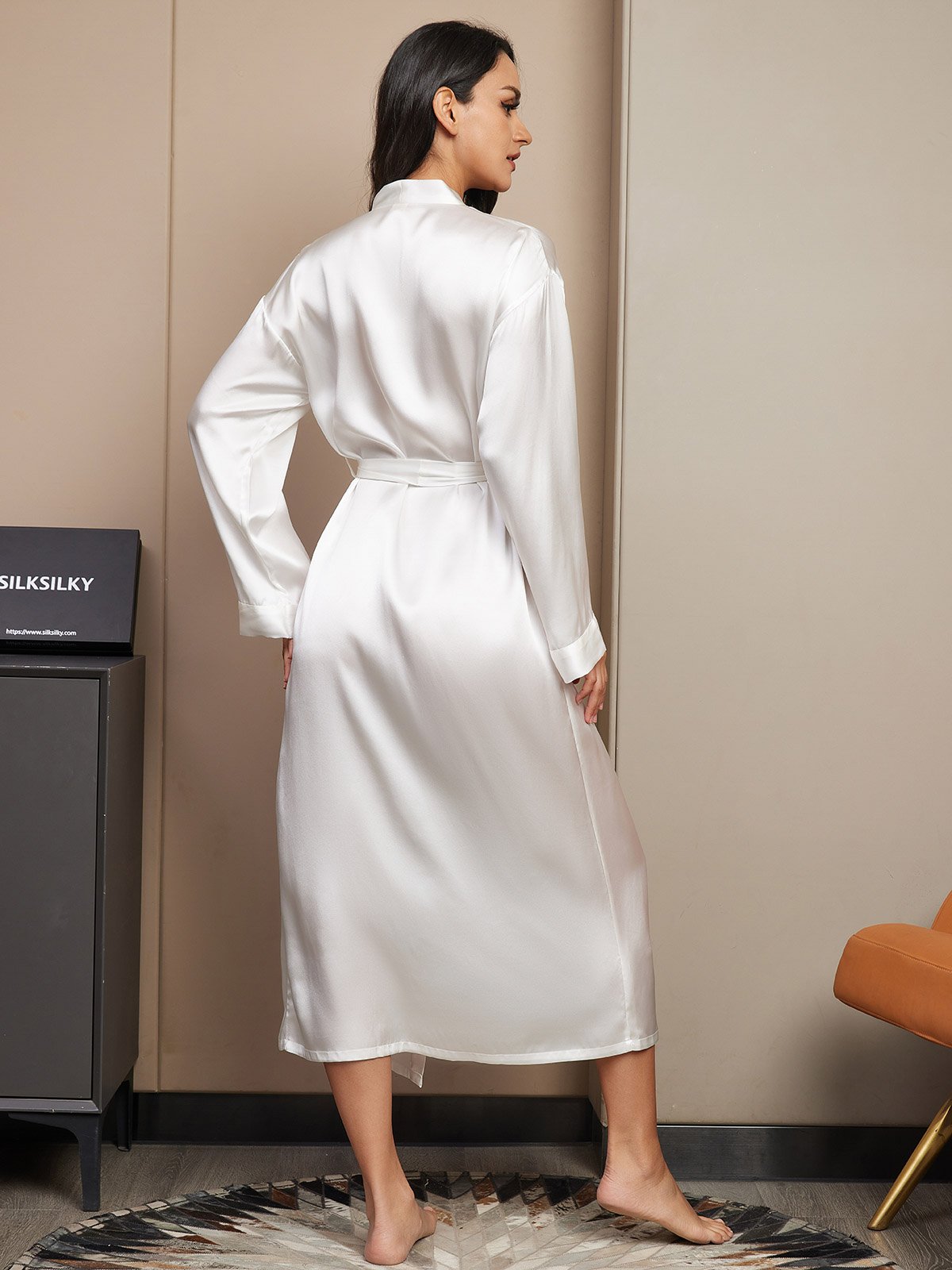 [Hvit] SilkSilky-NO Langermet Morgenkåpe for Kvinner 002