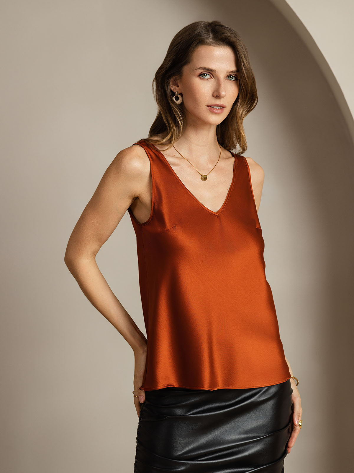 [Karamell] SilkSilky-NO 19Momme Silke V-Hals Camisole Topp 002