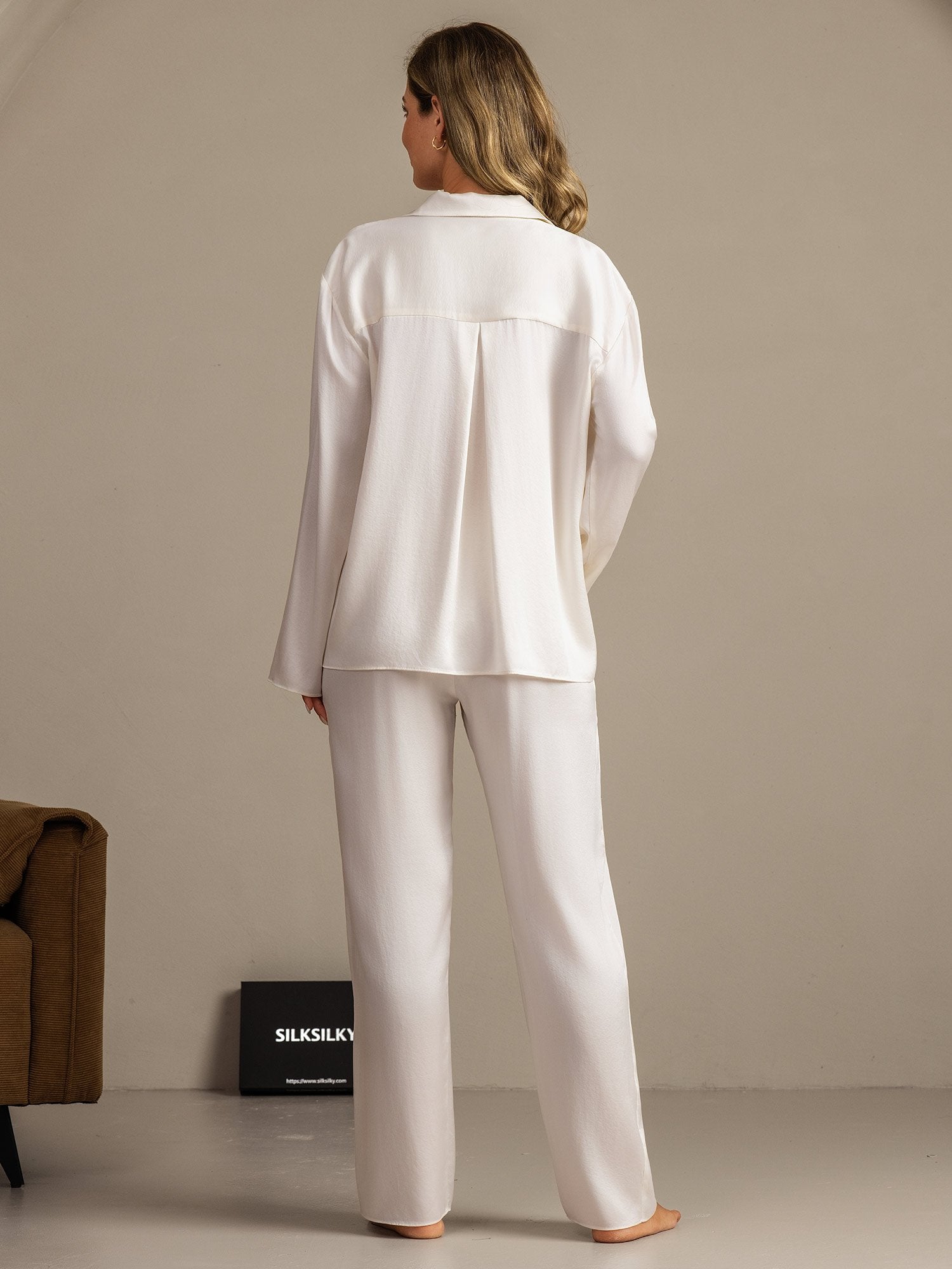 [Hvit] SilkSilky-NO 19Momme Silke Womens Pajamas 002