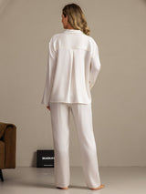 [Hvit] SilkSilky-NO 19Momme Langermet Notchkrage Pyjamas for Kvinner 002