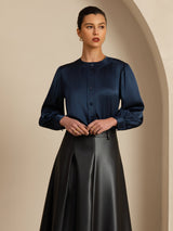 [Mørke blå] SilkSilky-NO 19Momme Long Sleeve Round Neck Bluse 004