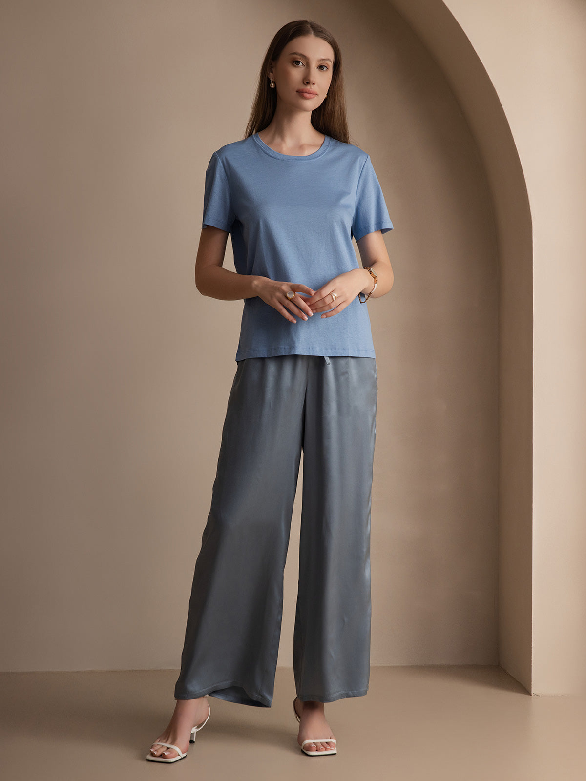 [Blå] SilkSilky-NO Silk Knitted Short Sleeve Round Neck T-skjorte for Kvinner 004