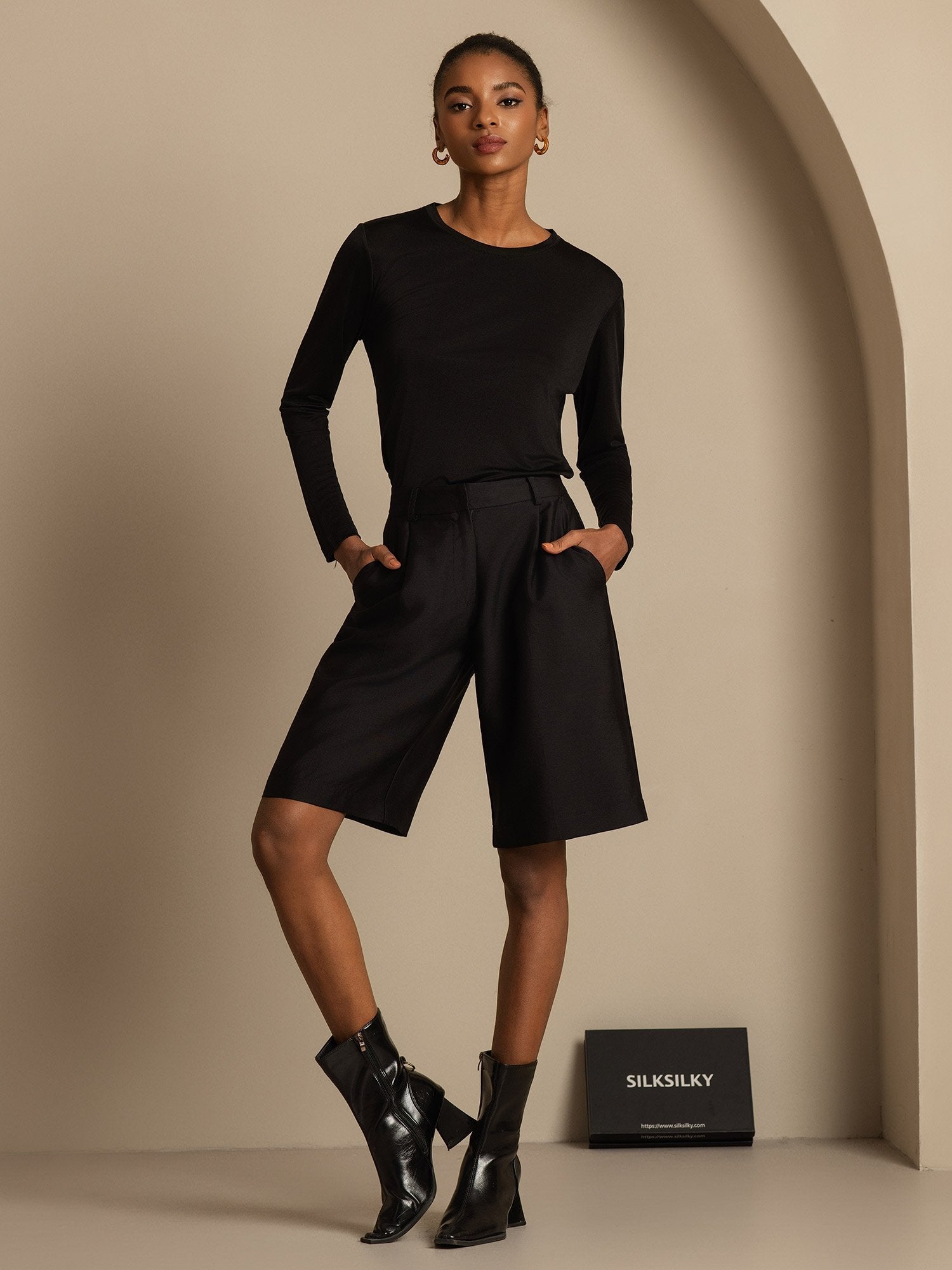 [Svart] SilkSilky-NO 32Momme Silk-Wool Blend Womens Shorts 005,