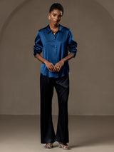 [Blågrønn] SilkSilky-NO Long Sleeve Lapel Collar Skjorte for Kvinner 005
