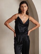 [Svart] SilkSilky-NO Spaghetti Strap Cowl Neck Camisole Topp 004