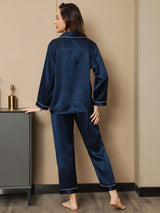 [Mørke blå] SilkSilky-NO Long Sleeve Lapel Collar Pyjamas for Kvinner 003