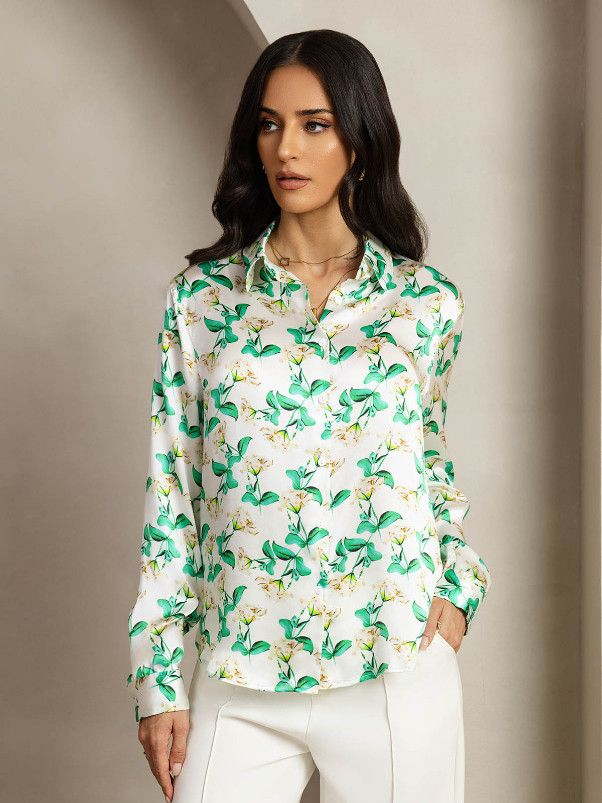 [Grønn Blomster] SilkSilky-NO Silke Lapel Collar Skjorte for Kvinner 005