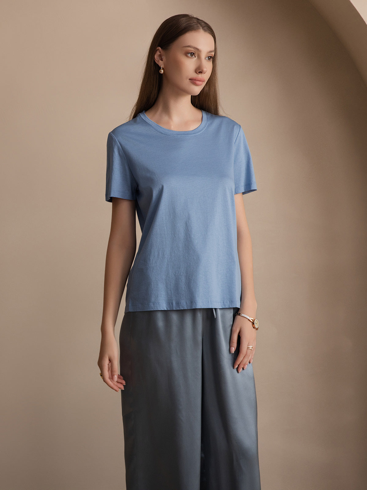 [Blå] SilkSilky-NO Silk Knitted Short Sleeve Round Neck T-skjorte for Kvinner 001