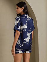 [Marineblå Gepard] SilkSilky-NO Short Sleeve Notch Collar Pyjamas for Kvinner 002