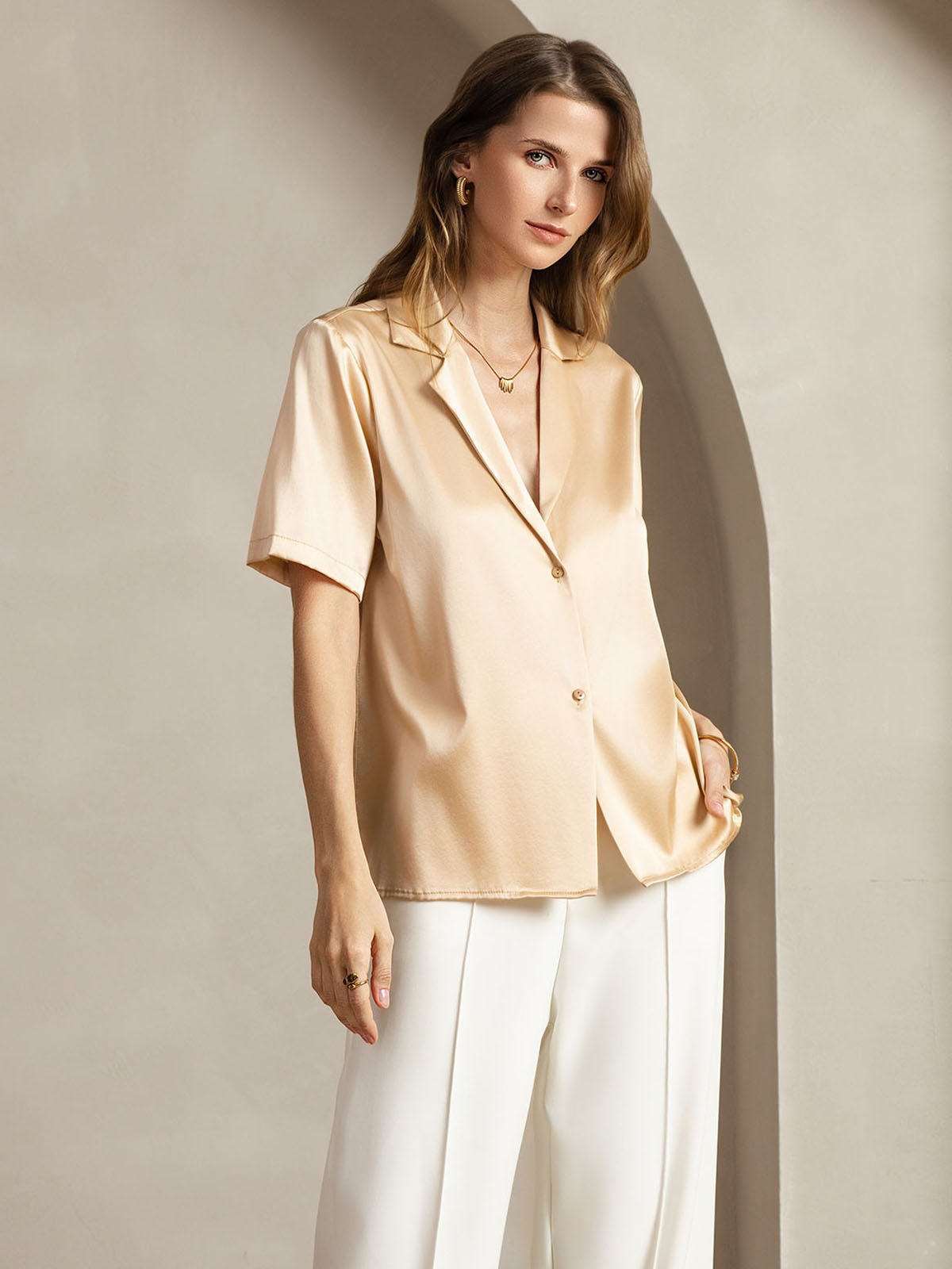 [Champagne] SilkSilky-NO 19Momme Silke Womens Shirt 005