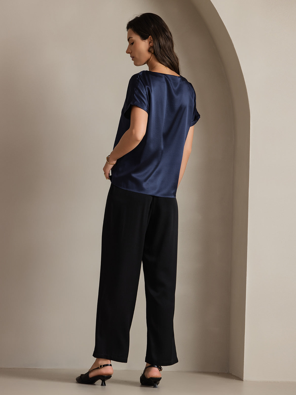 [Mørke blå] SilkSilky-NO 19Momme Silke Womens T-Shirt 002