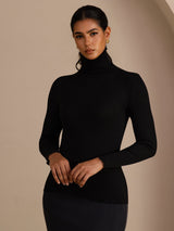 [Svart] SilkSilky-NO Long Sleeve Turtle Neck T-skjorte for Kvinner 001