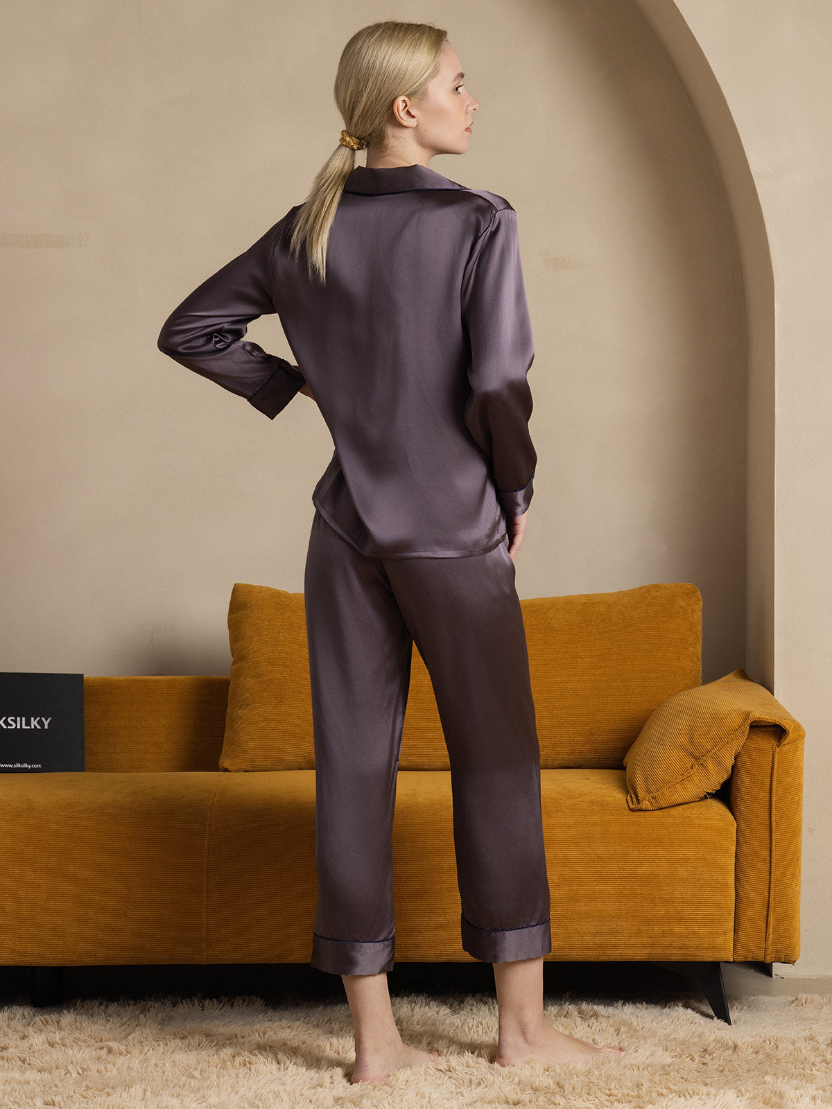 [Lilla Grå] SilkSilky-NO Pure Silk Long Sleeve Lapel Pyjamas for Kvinner 002