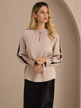 [Tan] SilkSilky-NO Long Sleeve Keyhole Neck Damebluser 003