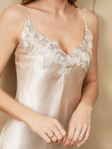 [Beige] SilkSilky-NO Spaghetti Strap V Neck Nattkjole 006