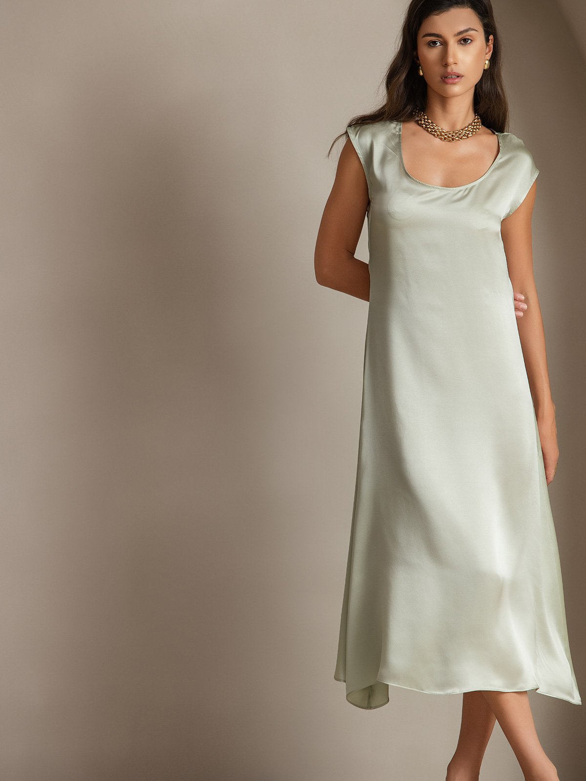 [Lysegrønn] SilkSilky-NO 19Momme Silke Dress 003