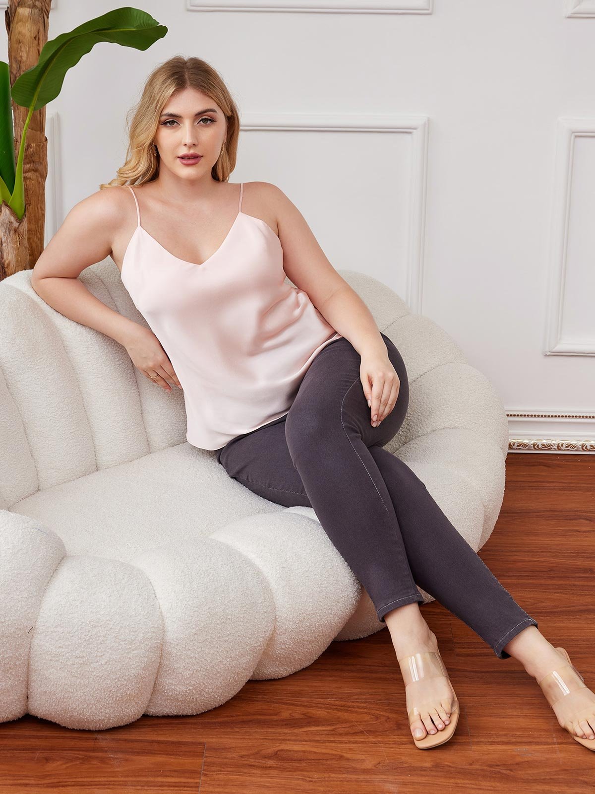 [Rosa] SilkSilky-NO Pure Silk V-Hals Plus Size Camisole Top 005