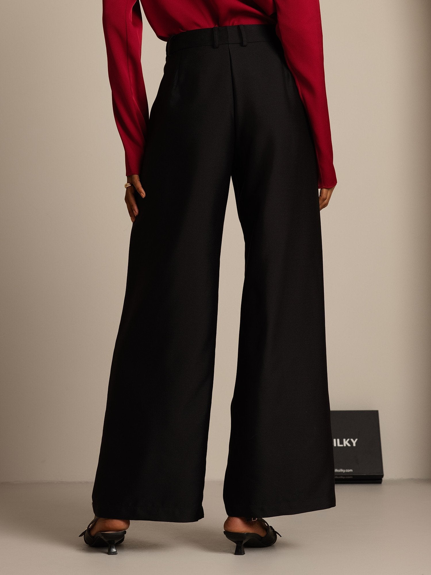 [Svart] SilkSilky-NO 32Momme Silk-Wool Blend Womens Pants 002,