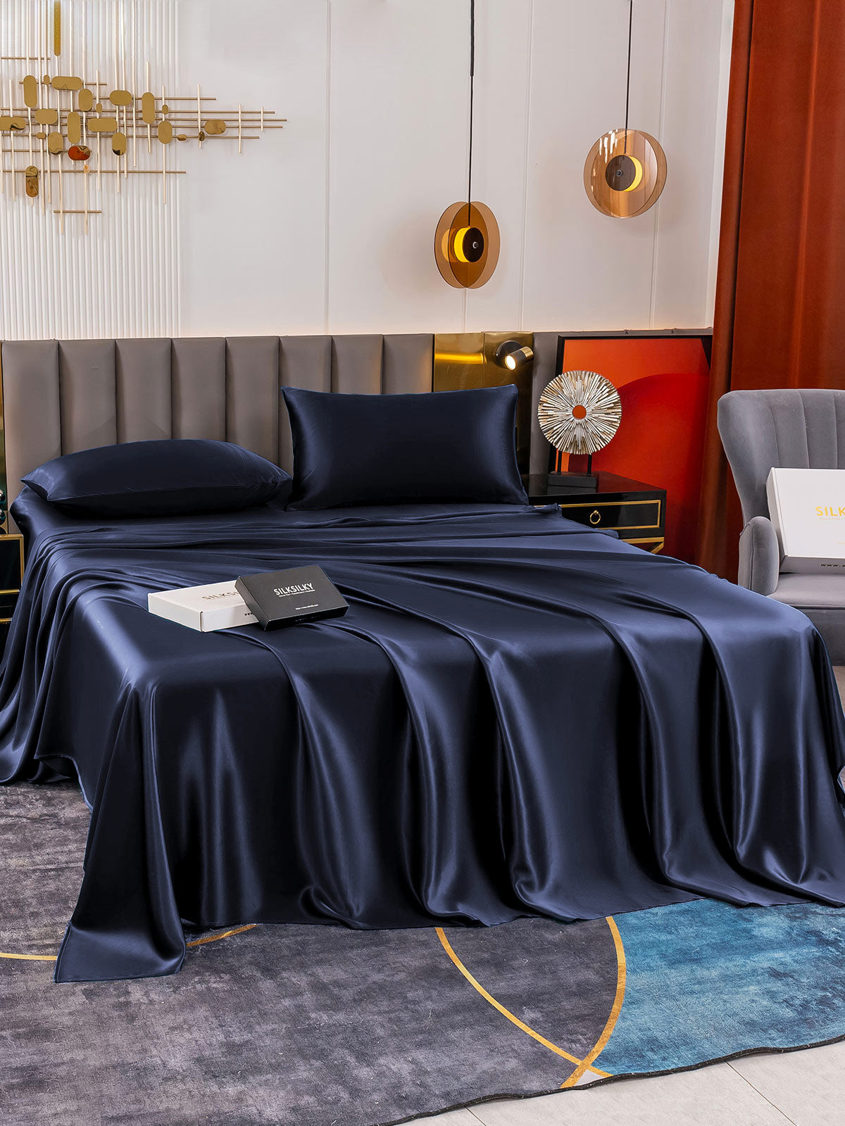 [Mørke blå] SilkSilky-NO 19Momme Pure Silk Bedding Set 005